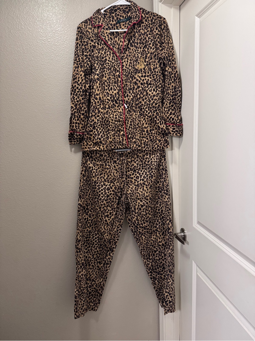 Ralph Lauren Leopard Print  Pajama Set with Pink Trim
